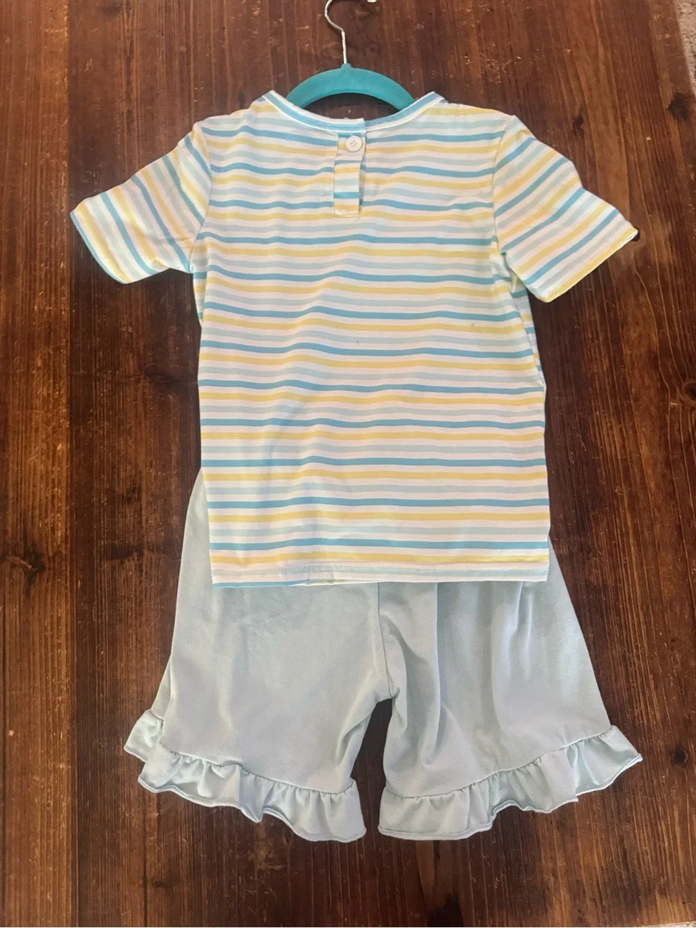 Pastel Blue Stripe Bunny Pajama Set with Ruffle Shorts